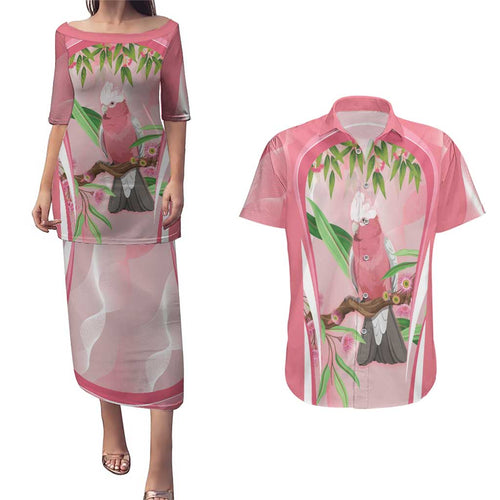 Galah Cockatoo Australia Couples Matching Puletasi and Hawaiian Shirt Aussie Native Eucalyptus Caesia Flowers