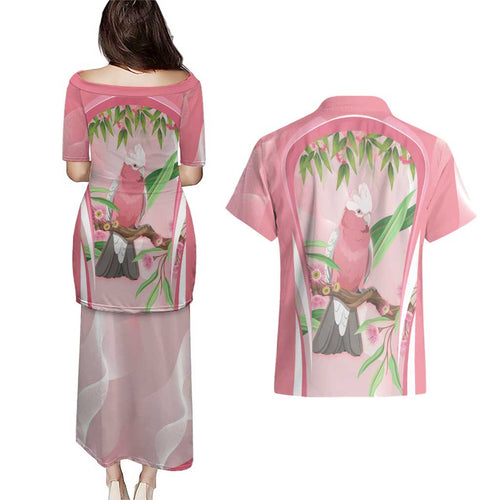 Galah Cockatoo Australia Couples Matching Puletasi and Hawaiian Shirt Aussie Native Eucalyptus Caesia Flowers