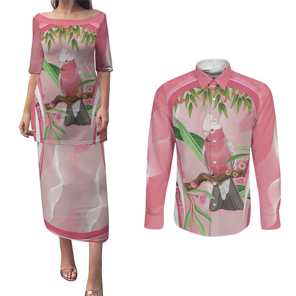 Galah Cockatoo Australia Couples Matching Puletasi and Long Sleeve Button Shirt Aussie Native Eucalyptus Caesia Flowers