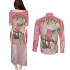 Galah Cockatoo Australia Couples Matching Puletasi and Long Sleeve Button Shirt Aussie Native Eucalyptus Caesia Flowers