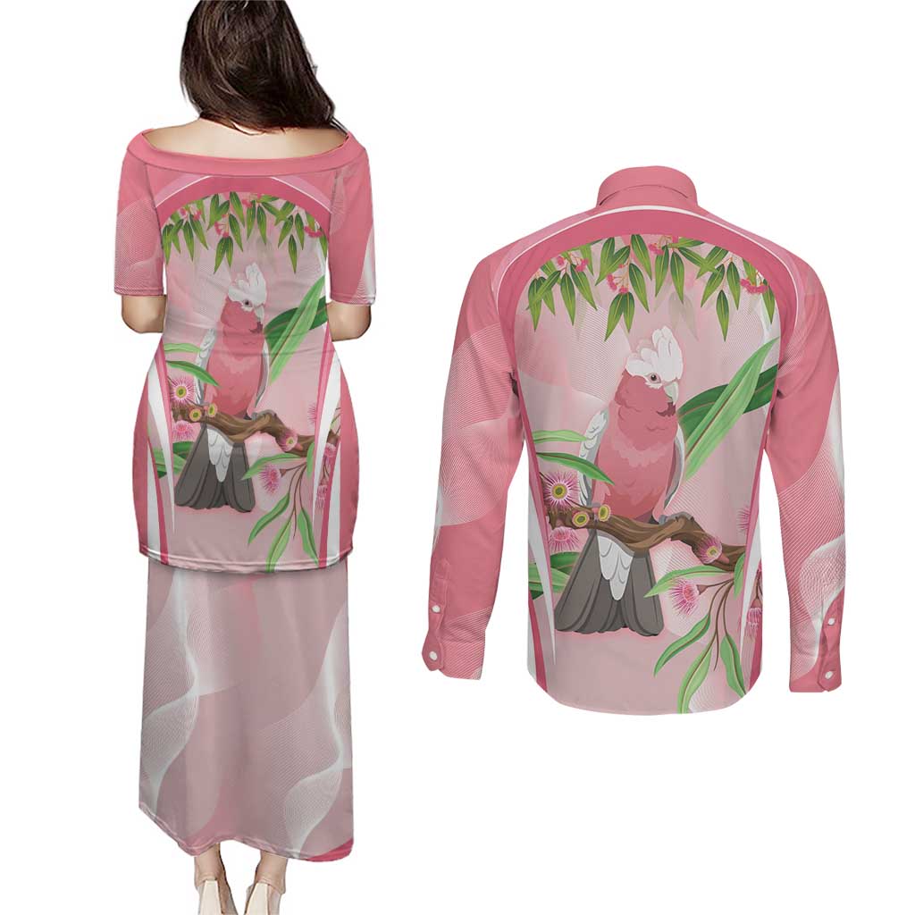 Galah Cockatoo Australia Couples Matching Puletasi and Long Sleeve Button Shirt Aussie Native Eucalyptus Caesia Flowers