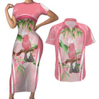 Galah Cockatoo Australia Couples Matching Short Sleeve Bodycon Dress and Hawaiian Shirt Aussie Native Eucalyptus Caesia Flowers