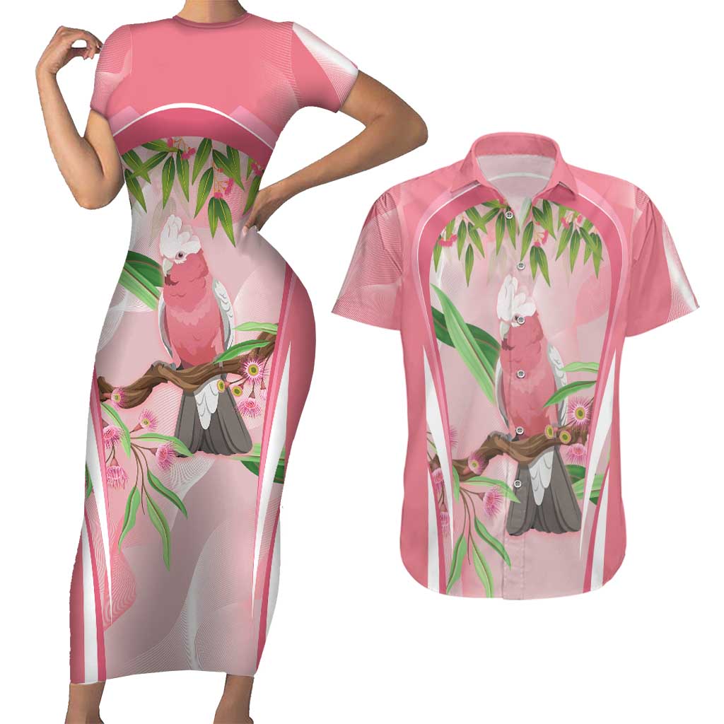 Galah Cockatoo Australia Couples Matching Short Sleeve Bodycon Dress and Hawaiian Shirt Aussie Native Eucalyptus Caesia Flowers