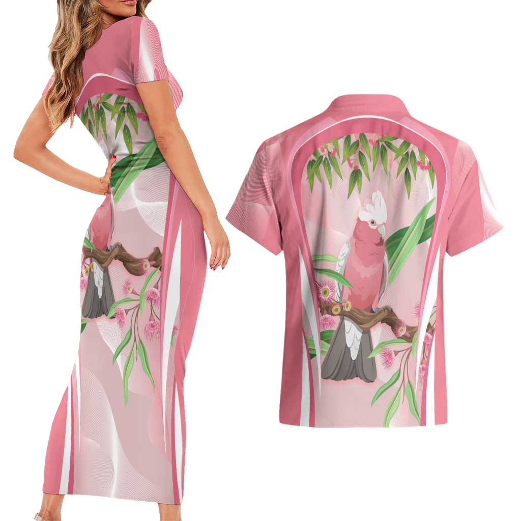 Galah Cockatoo Australia Couples Matching Short Sleeve Bodycon Dress and Hawaiian Shirt Aussie Native Eucalyptus Caesia Flowers