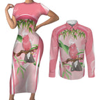 Galah Cockatoo Australia Couples Matching Short Sleeve Bodycon Dress and Long Sleeve Button Shirt Aussie Native Eucalyptus Caesia Flowers