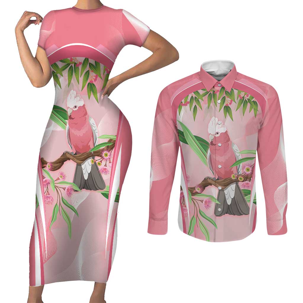 Galah Cockatoo Australia Couples Matching Short Sleeve Bodycon Dress and Long Sleeve Button Shirt Aussie Native Eucalyptus Caesia Flowers
