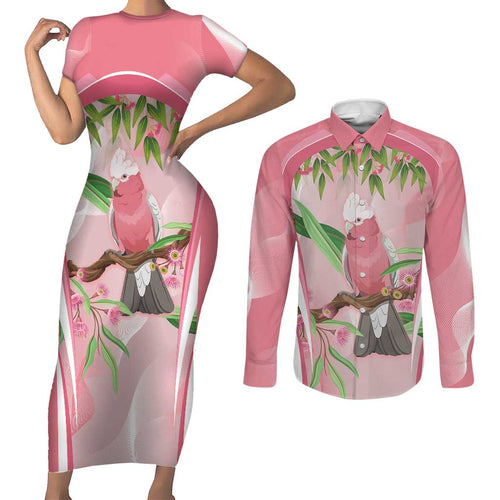 Galah Cockatoo Australia Couples Matching Short Sleeve Bodycon Dress and Long Sleeve Button Shirt Aussie Native Eucalyptus Caesia Flowers