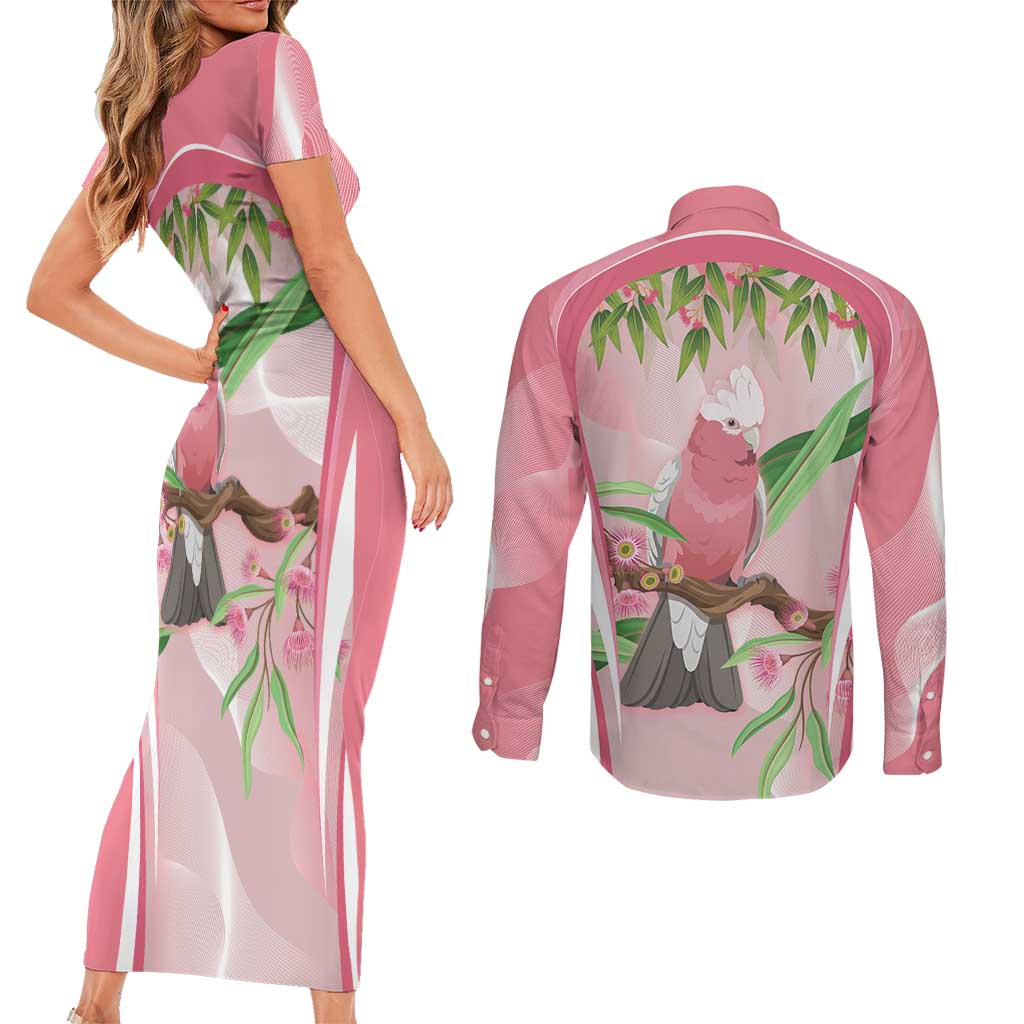 Galah Cockatoo Australia Couples Matching Short Sleeve Bodycon Dress and Long Sleeve Button Shirt Aussie Native Eucalyptus Caesia Flowers
