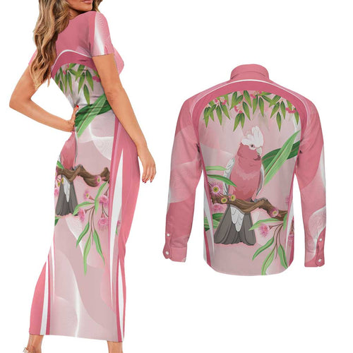 Galah Cockatoo Australia Couples Matching Short Sleeve Bodycon Dress and Long Sleeve Button Shirt Aussie Native Eucalyptus Caesia Flowers