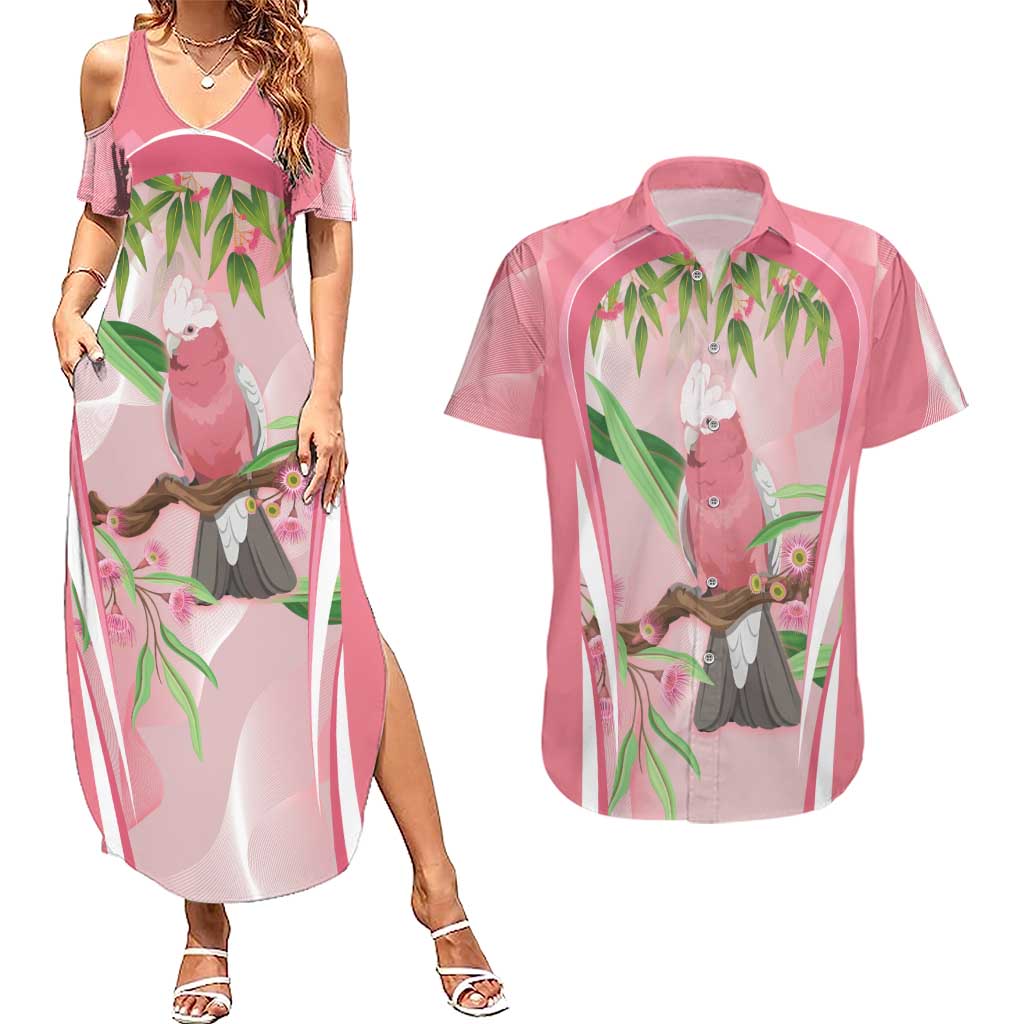 Galah Cockatoo Australia Couples Matching Summer Maxi Dress and Hawaiian Shirt Aussie Native Eucalyptus Caesia Flowers