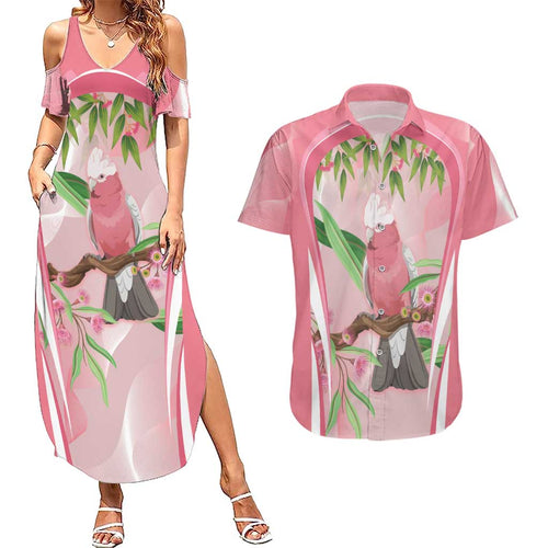 Galah Cockatoo Australia Couples Matching Summer Maxi Dress and Hawaiian Shirt Aussie Native Eucalyptus Caesia Flowers