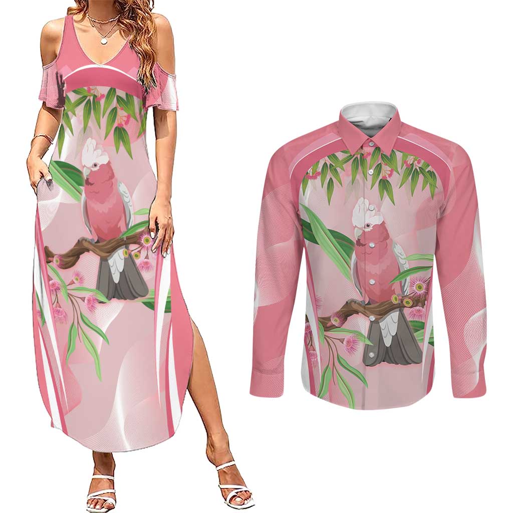 Galah Cockatoo Australia Couples Matching Summer Maxi Dress and Long Sleeve Button Shirt Aussie Native Eucalyptus Caesia Flowers