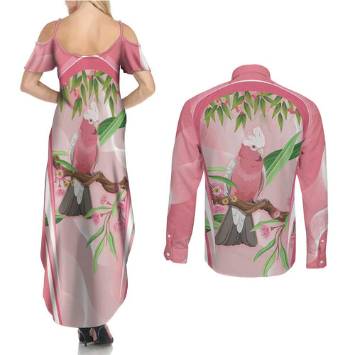 Galah Cockatoo Australia Couples Matching Summer Maxi Dress and Long Sleeve Button Shirt Aussie Native Eucalyptus Caesia Flowers