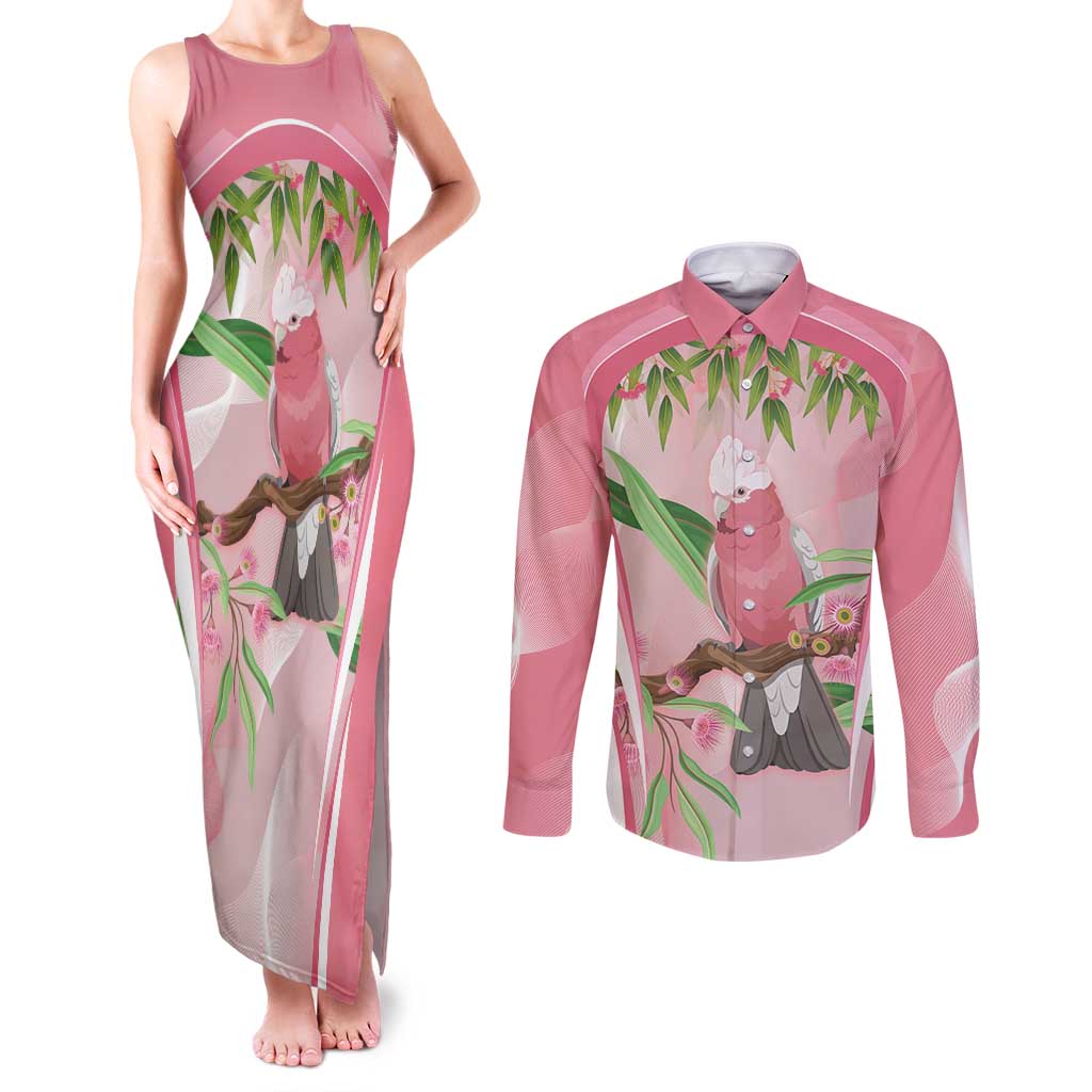 Galah Cockatoo Australia Couples Matching Tank Maxi Dress and Long Sleeve Button Shirt Aussie Native Eucalyptus Caesia Flowers