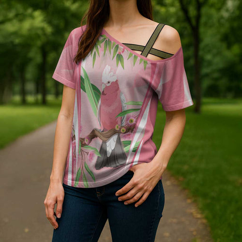 Galah Cockatoo Australia Cross Shoulder Shirt Aussie Native Eucalyptus Caesia Flowers
