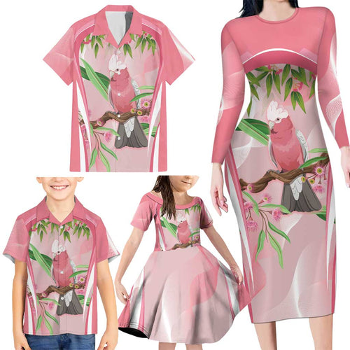 Galah Cockatoo Australia Family Matching Long Sleeve Bodycon Dress and Hawaiian Shirt Aussie Native Eucalyptus Caesia Flowers