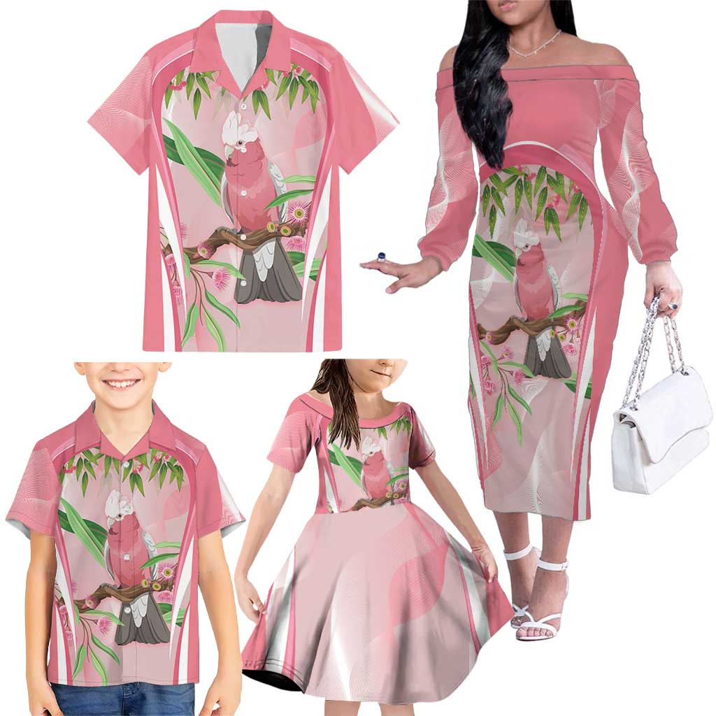 Galah Cockatoo Australia Family Matching Off The Shoulder Long Sleeve Dress and Hawaiian Shirt Aussie Native Eucalyptus Caesia Flowers