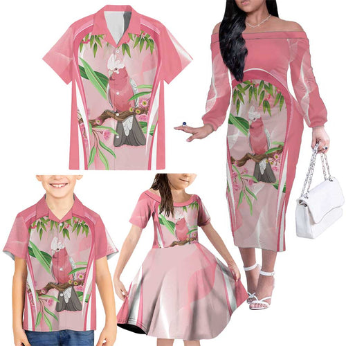 Galah Cockatoo Australia Family Matching Off The Shoulder Long Sleeve Dress and Hawaiian Shirt Aussie Native Eucalyptus Caesia Flowers