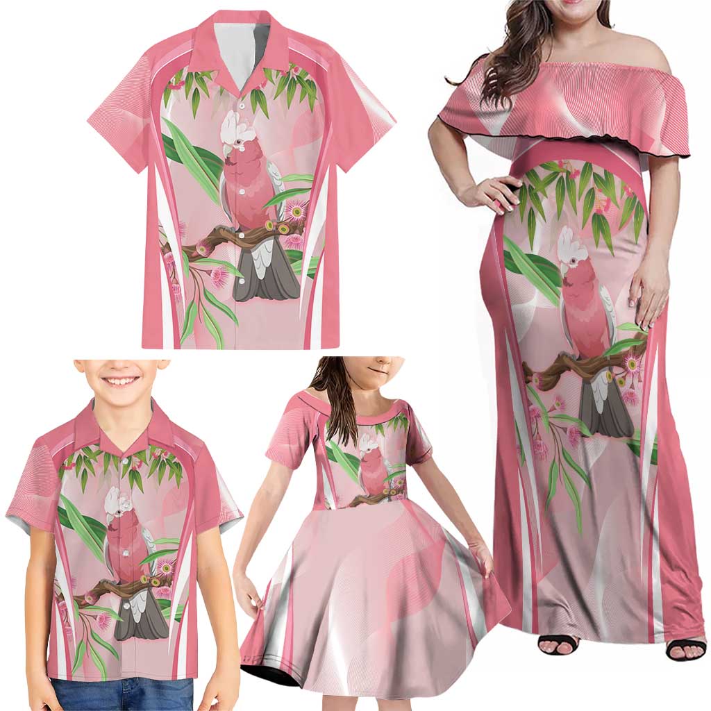 Galah Cockatoo Australia Family Matching Off Shoulder Maxi Dress and Hawaiian Shirt Aussie Native Eucalyptus Caesia Flowers