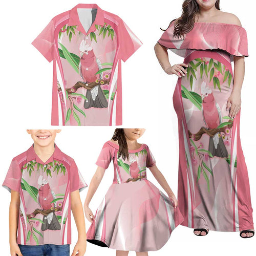 Galah Cockatoo Australia Family Matching Off Shoulder Maxi Dress and Hawaiian Shirt Aussie Native Eucalyptus Caesia Flowers
