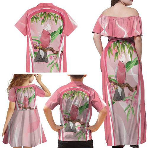 Galah Cockatoo Australia Family Matching Off Shoulder Maxi Dress and Hawaiian Shirt Aussie Native Eucalyptus Caesia Flowers