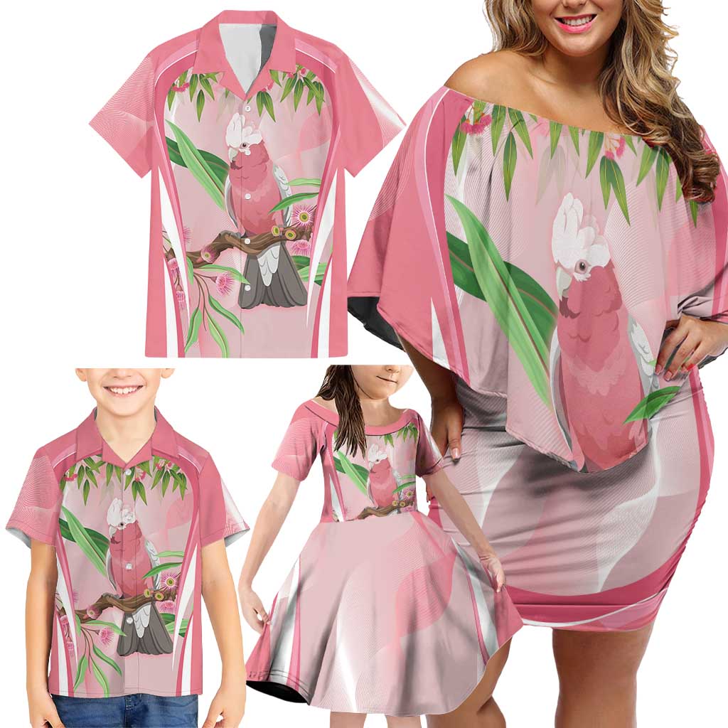 Galah Cockatoo Australia Family Matching Off Shoulder Short Dress and Hawaiian Shirt Aussie Native Eucalyptus Caesia Flowers