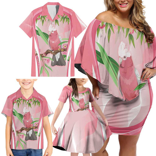 Galah Cockatoo Australia Family Matching Off Shoulder Short Dress and Hawaiian Shirt Aussie Native Eucalyptus Caesia Flowers