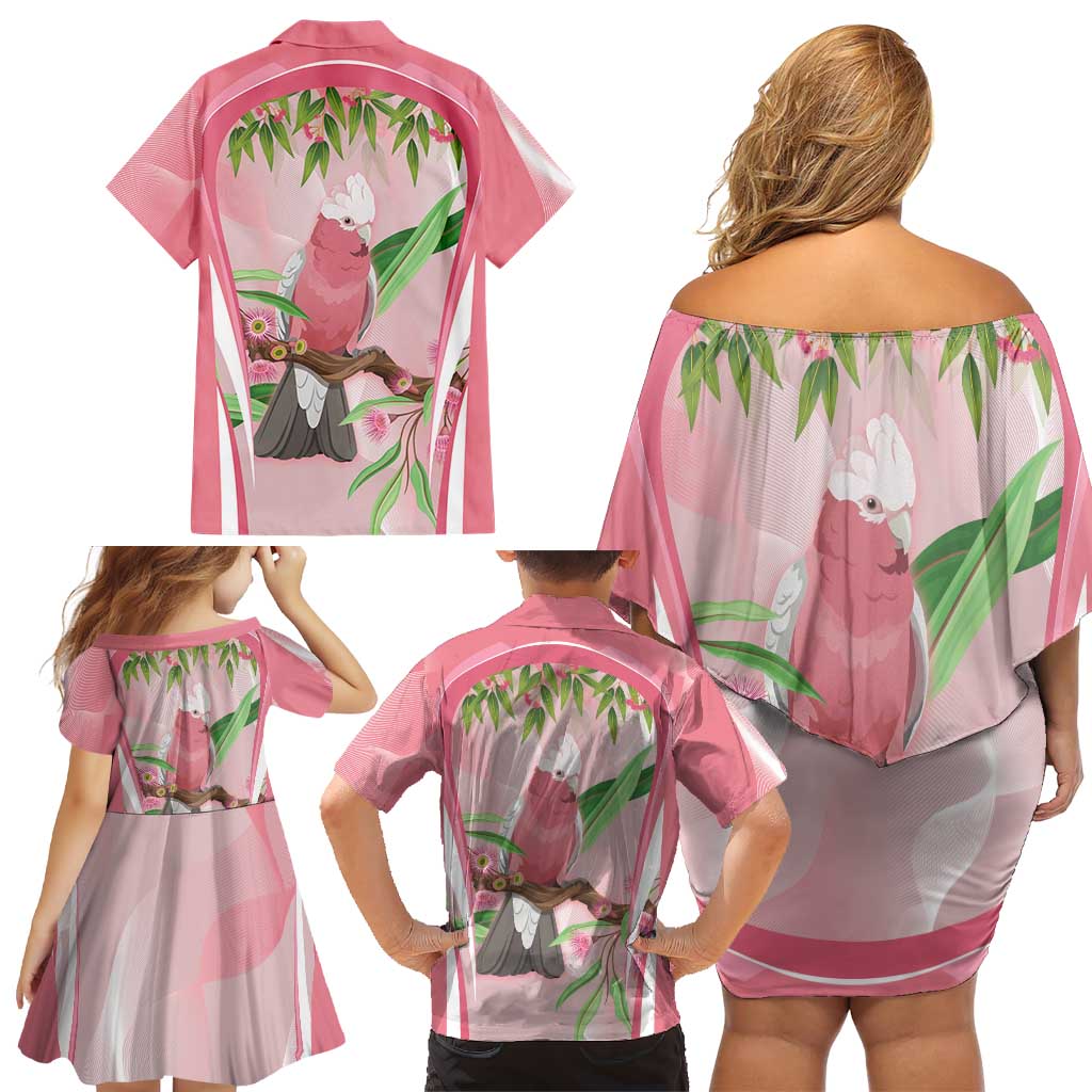 Galah Cockatoo Australia Family Matching Off Shoulder Short Dress and Hawaiian Shirt Aussie Native Eucalyptus Caesia Flowers