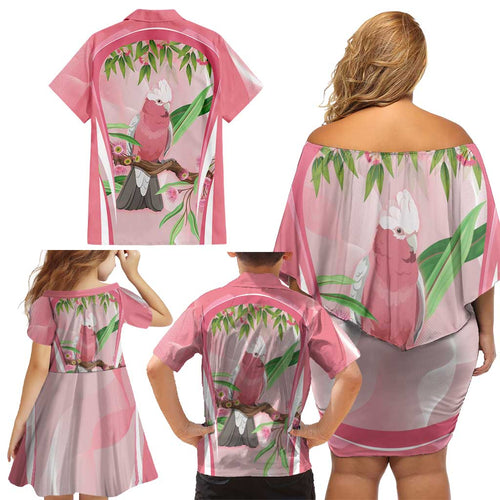 Galah Cockatoo Australia Family Matching Off Shoulder Short Dress and Hawaiian Shirt Aussie Native Eucalyptus Caesia Flowers