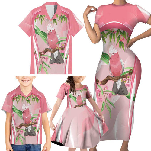 Galah Cockatoo Australia Family Matching Short Sleeve Bodycon Dress and Hawaiian Shirt Aussie Native Eucalyptus Caesia Flowers
