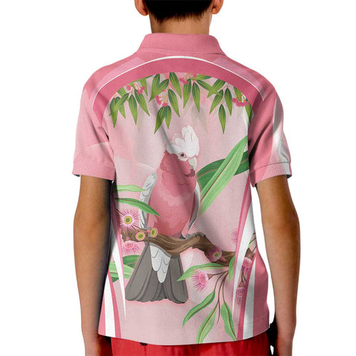Galah Cockatoo Australia Kid Polo Shirt Aussie Native Eucalyptus Caesia Flowers
