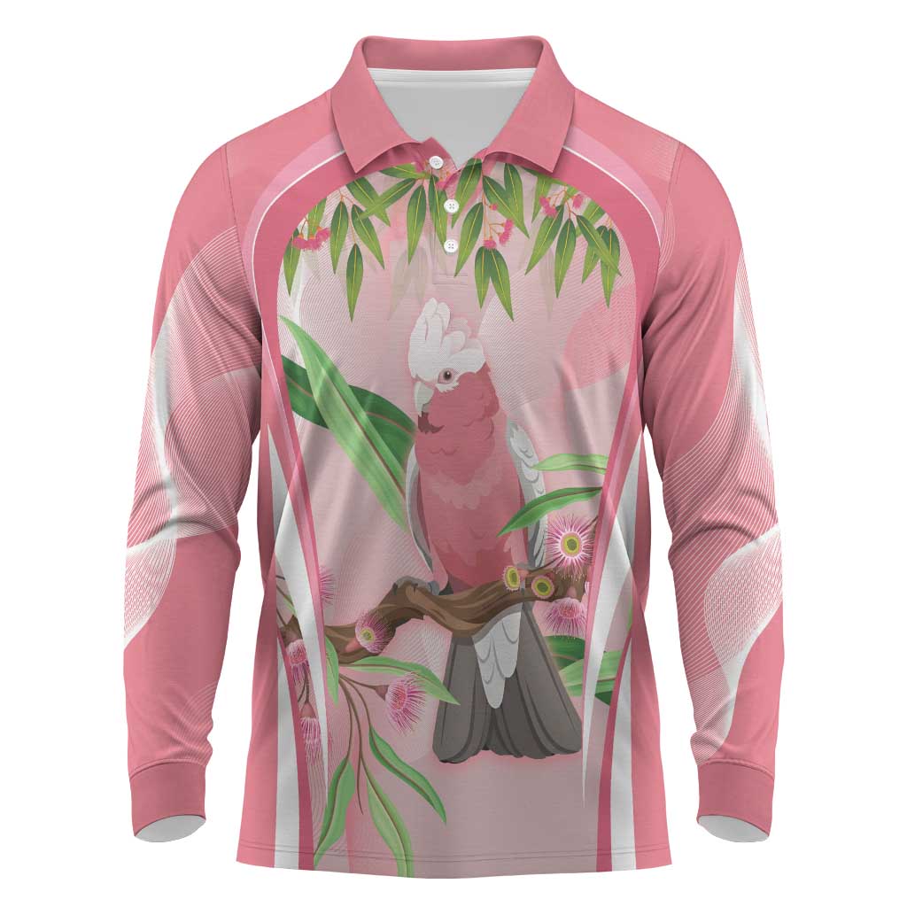 Galah Cockatoo Australia Long Sleeve Polo Shirt Aussie Native Eucalyptus Caesia Flowers
