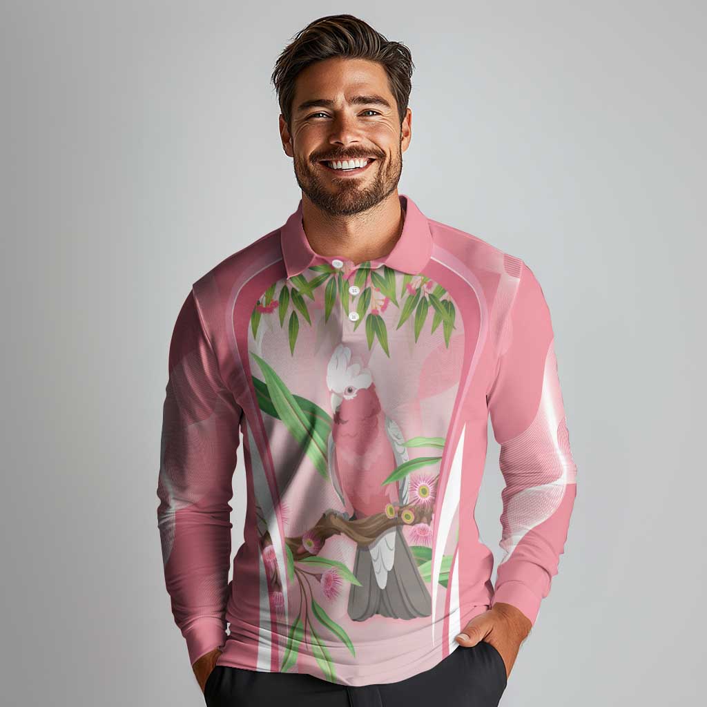 Galah Cockatoo Australia Long Sleeve Polo Shirt Aussie Native Eucalyptus Caesia Flowers