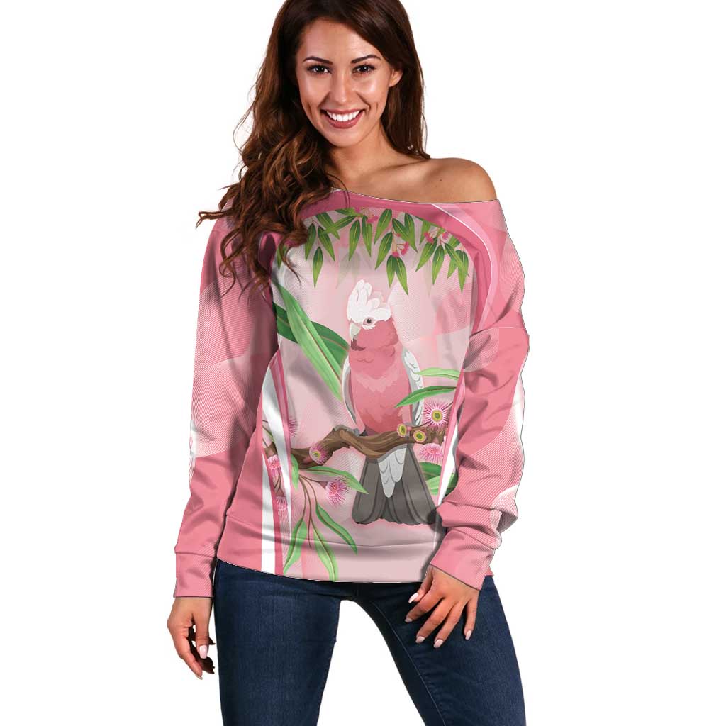 Galah Cockatoo Australia Off Shoulder Sweater Aussie Native Eucalyptus Caesia Flowers