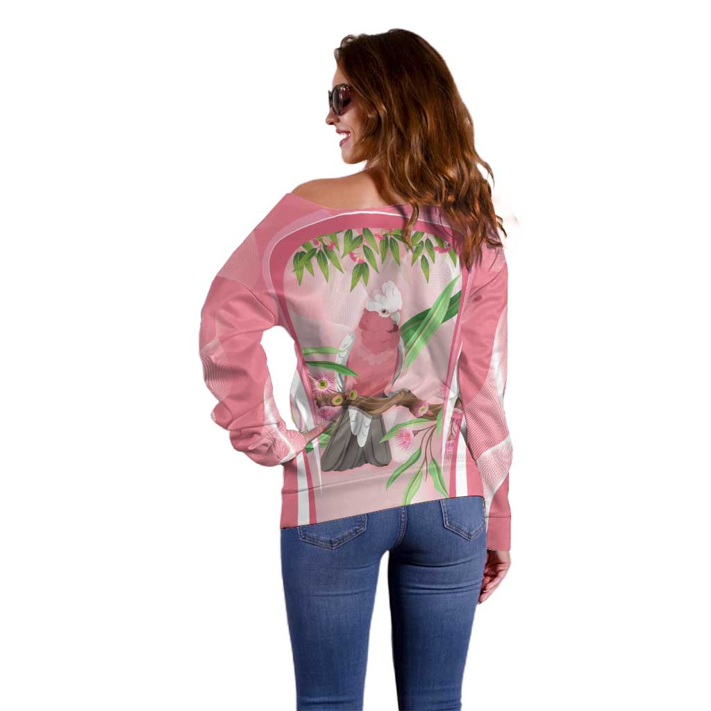 Galah Cockatoo Australia Off Shoulder Sweater Aussie Native Eucalyptus Caesia Flowers
