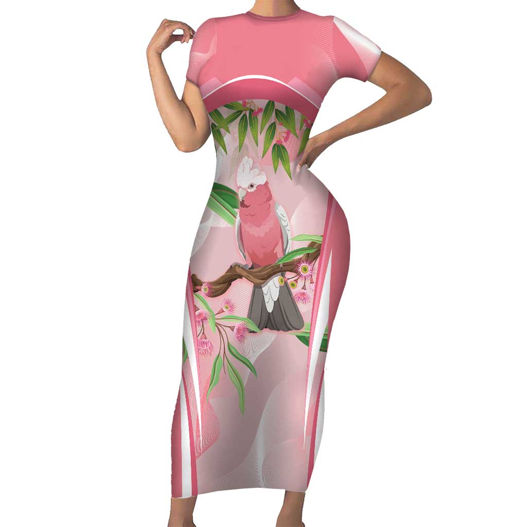 Galah Cockatoo Australia Short Sleeve Bodycon Dress Aussie Native Eucalyptus Caesia Flowers