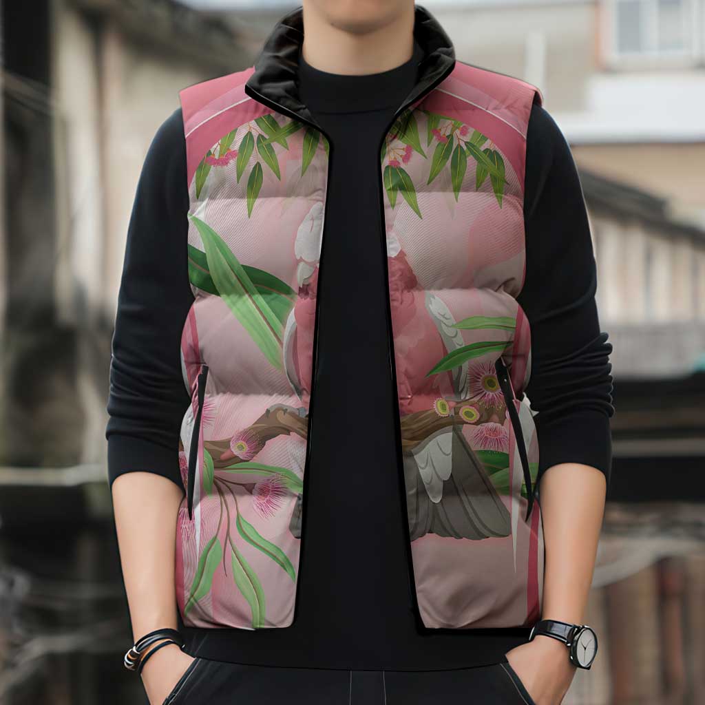 Galah Cockatoo Australia Sleeveless Puffer Jacket Aussie Native Eucalyptus Caesia Flowers