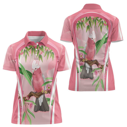 Galah Cockatoo Australia Women Polo Shirt Aussie Native Eucalyptus Caesia Flowers