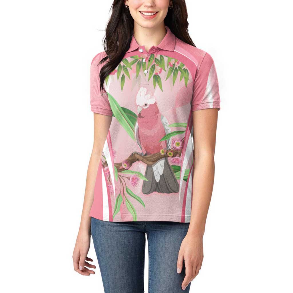 Galah Cockatoo Australia Women Polo Shirt Aussie Native Eucalyptus Caesia Flowers