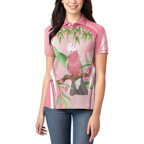 Galah Cockatoo Australia Women Polo Shirt Aussie Native Eucalyptus Caesia Flowers