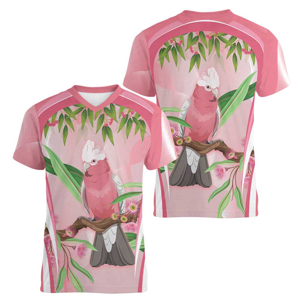 Galah Cockatoo Australia Women V-Neck T-Shirt Aussie Native Eucalyptus Caesia Flowers