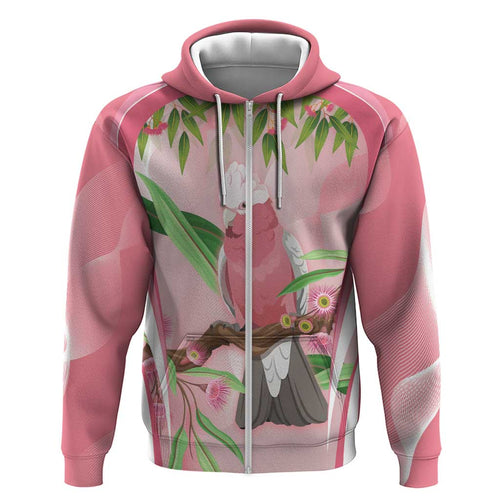 Galah Cockatoo Australia Zip Hoodie Aussie Native Eucalyptus Caesia Flowers