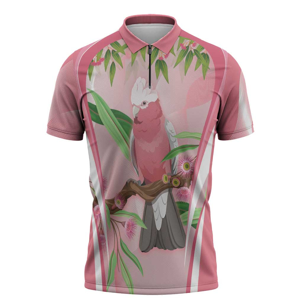 Galah Cockatoo Australia Zipper Polo Shirt Aussie Native Eucalyptus Caesia Flowers