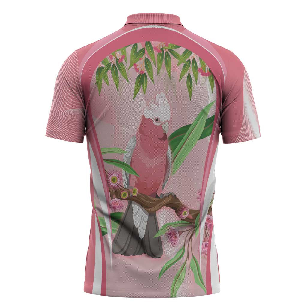 Galah Cockatoo Australia Zipper Polo Shirt Aussie Native Eucalyptus Caesia Flowers