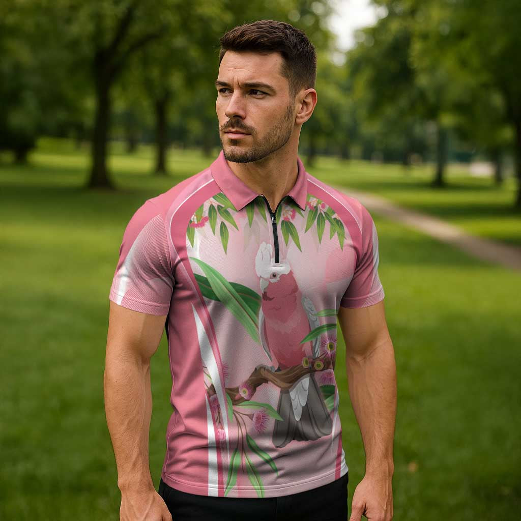Galah Cockatoo Australia Zipper Polo Shirt Aussie Native Eucalyptus Caesia Flowers