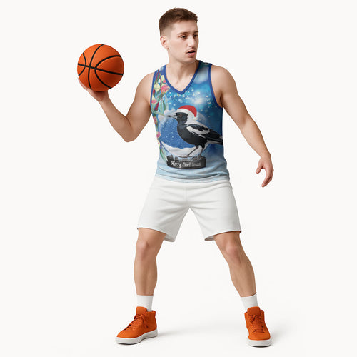 Australia Magpie Christmas In July Basketball Jersey Eucalyptus Snow Globe Merry Xmas