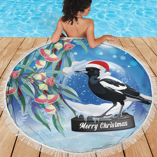 Australia Magpie Christmas In July Beach Blanket Eucalyptus Snow Globe Merry Xmas