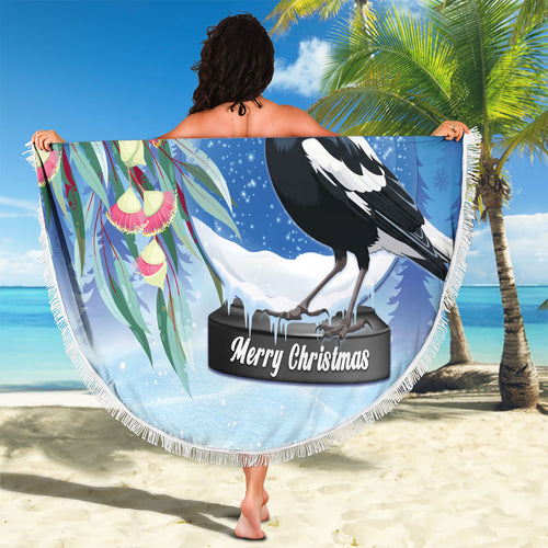 Australia Magpie Christmas In July Beach Blanket Eucalyptus Snow Globe Merry Xmas