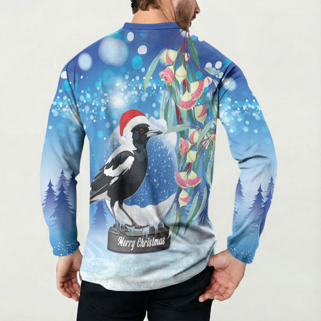 Australia Magpie Christmas In July Button Sweatshirt Eucalyptus Snow Globe Merry Xmas