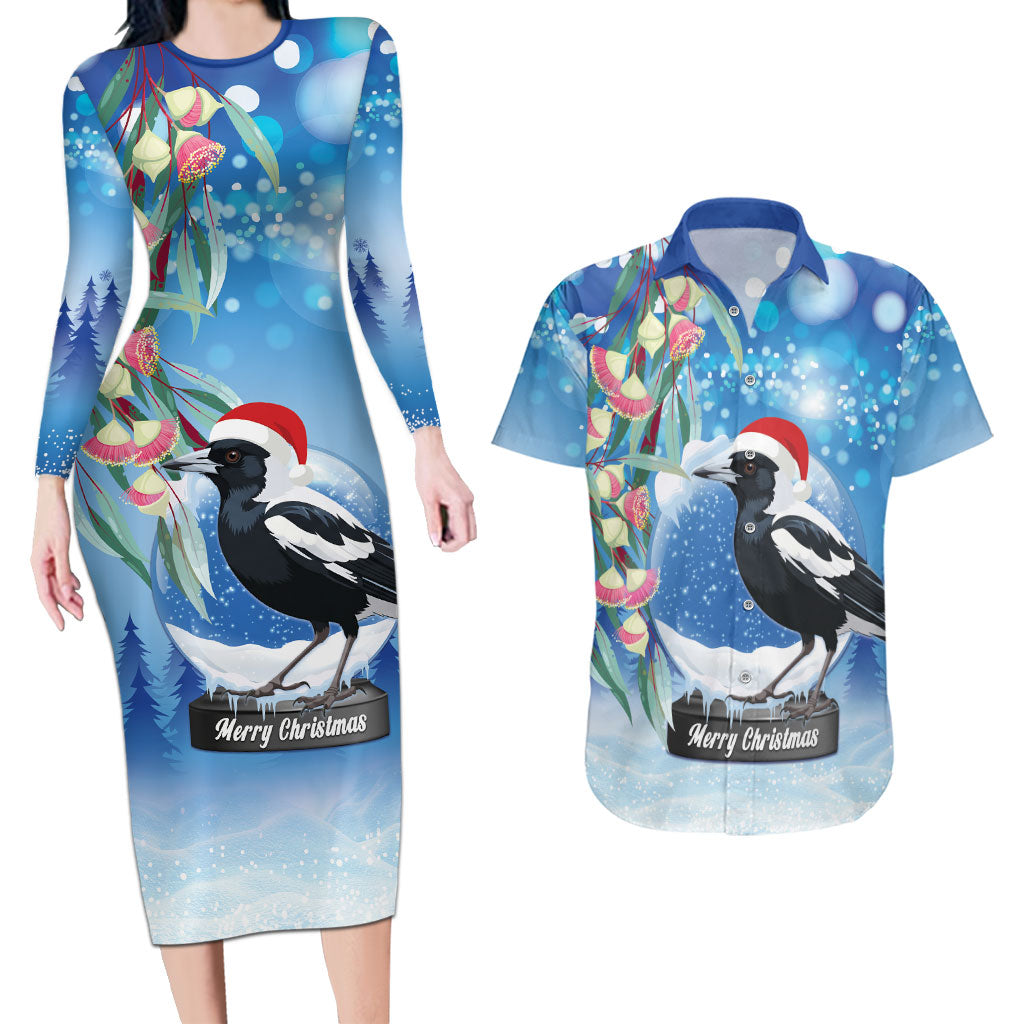 Australia Magpie Christmas In July Couples Matching Long Sleeve Bodycon Dress and Hawaiian Shirt Eucalyptus Snow Globe Merry Xmas